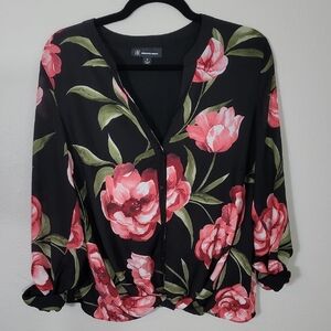 INC Women Floral Button Up Shirt Top Size M Roll Tab Sleeves